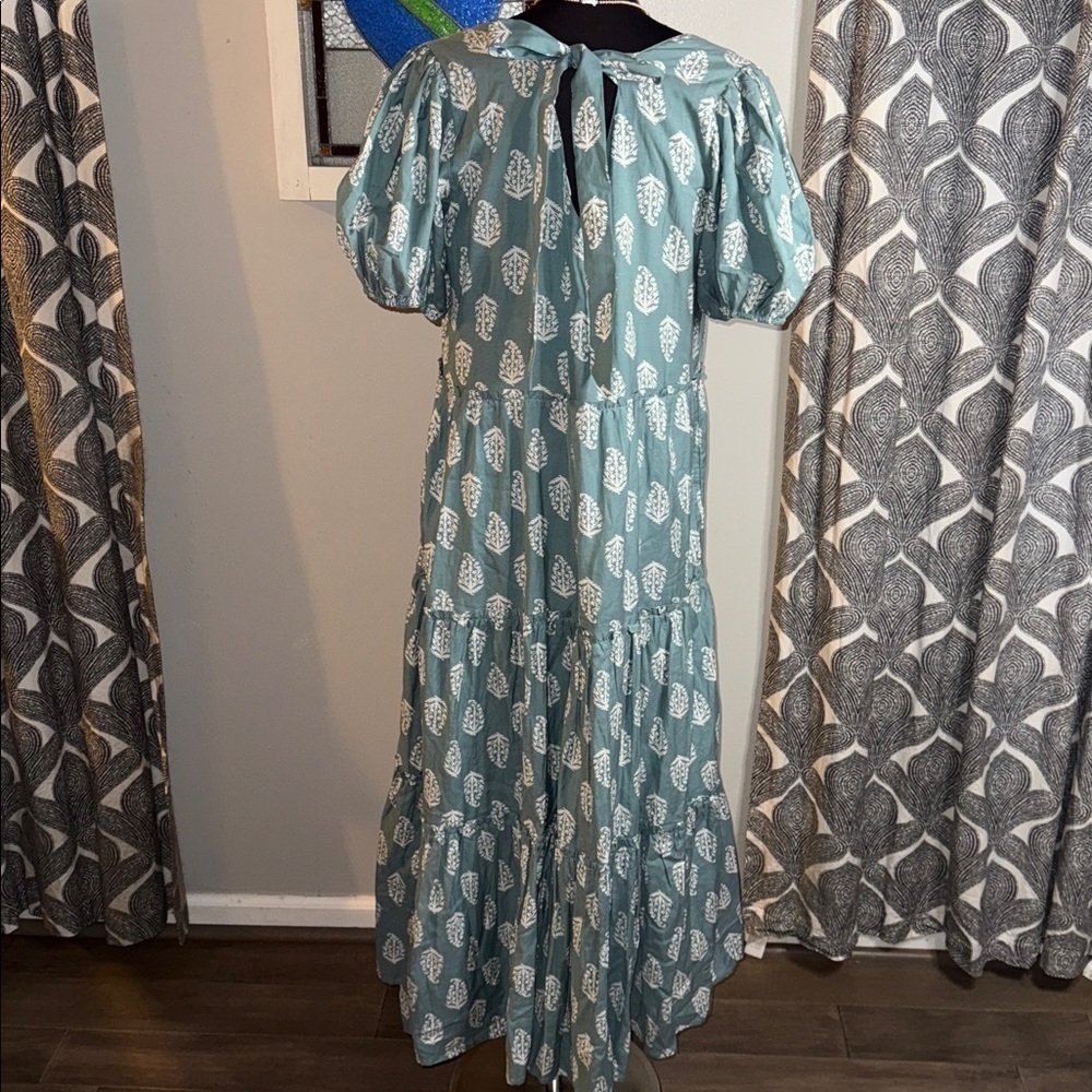 Lucky Brand Block Print Puff Sleeve Tiered Maxi Dress SZ Medium - Picture 6 of 10